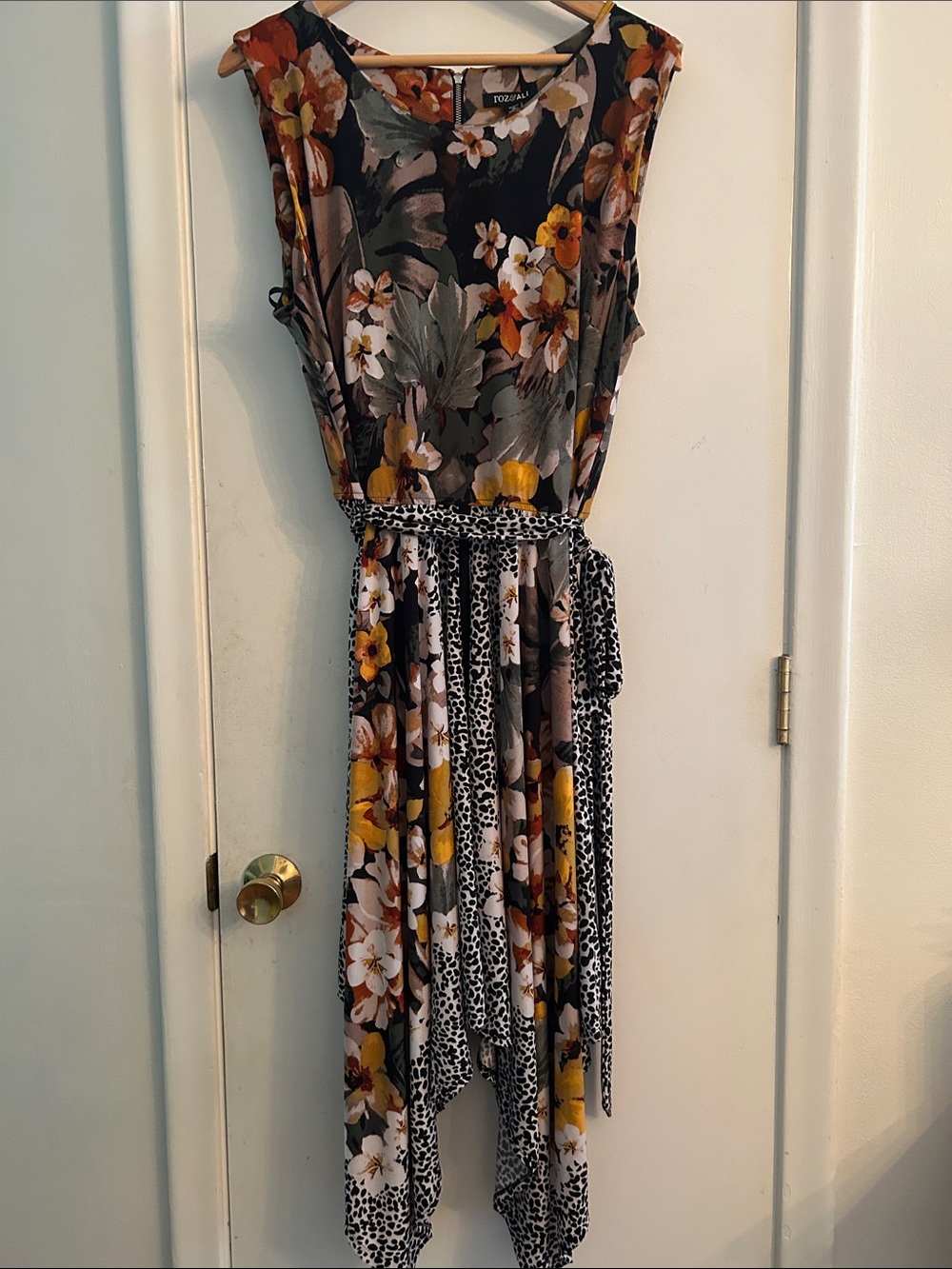 Roz & Ali Black Floral Asymmetrical Midi Dress with Leopard Tie